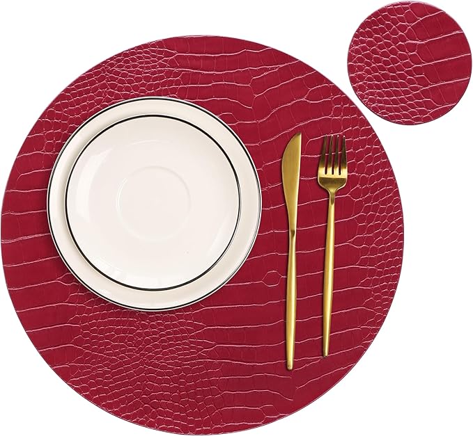 Jovono Round Leather Placemats for Round Tables Set of 6, Red Place Mats and Coasters, Wipeable Waterproof Heat Resistant Table Mats Easy to Care for Indoor Decor 14 inch Diameter