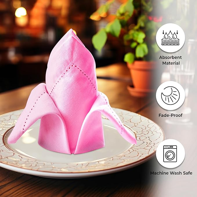 Urban Villa Cloth Napkins Set of 12 (20x20 Inches) 100% Cotton Hemstitch Napkins Cloth Washable Durable Reusable Absorbent Table Dinner Napkins Cloth for Hotel Lunch Restaurant Weddings Parties – Pink