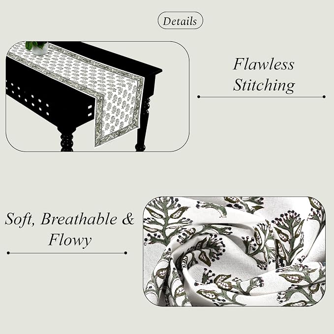 Evergreen Hand Block Print 100% Cotton Reusable Table Runner 16" X 90" Inches - Image 3