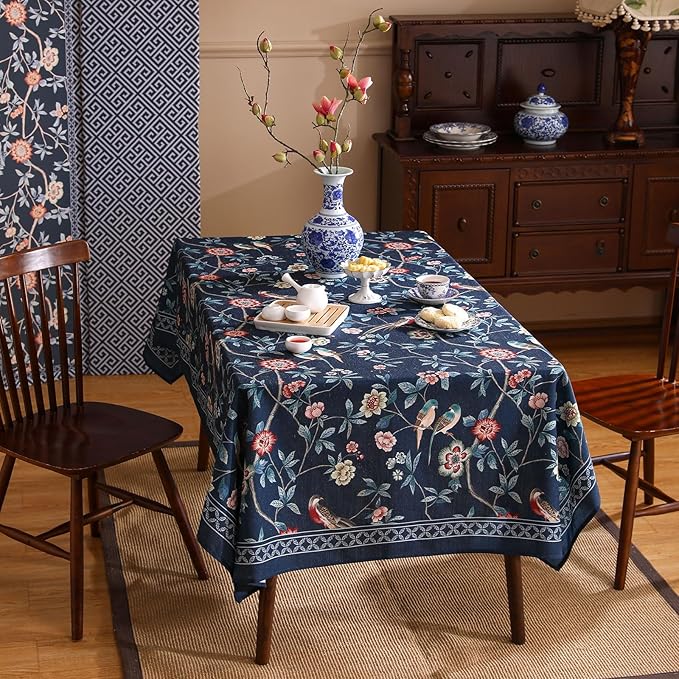 patdrea Designer Dark Blue Linen Rectangular Tablecloth,Vintage Navy French Floral and Birds Pattern Table Cloth,Decoration Table Cover for Kitchen,Dining,Tea Party,Home,Christmas,63"*110"