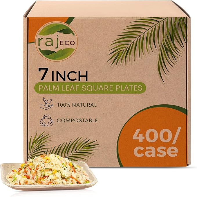 Raj Palm Leaf Plates Bulk [50-Pack] 7" Square Plates(8 CASES - 400 PACK) like Bamboo plates Disposable, Strong, Decorative Compostable Tableware for weddings, Lunch, Dinner, Birthday, Camping
