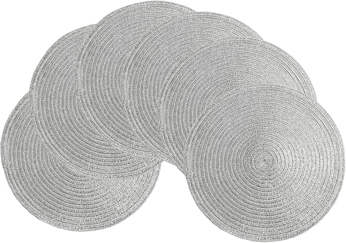SHACOS Christmas Silver Glitter Round Placemats Set of 6 Sparkle Bling Place Mats Glitz Table Mats for Holiday Home Party Wedding Festive Table Decoration (6, Silver)