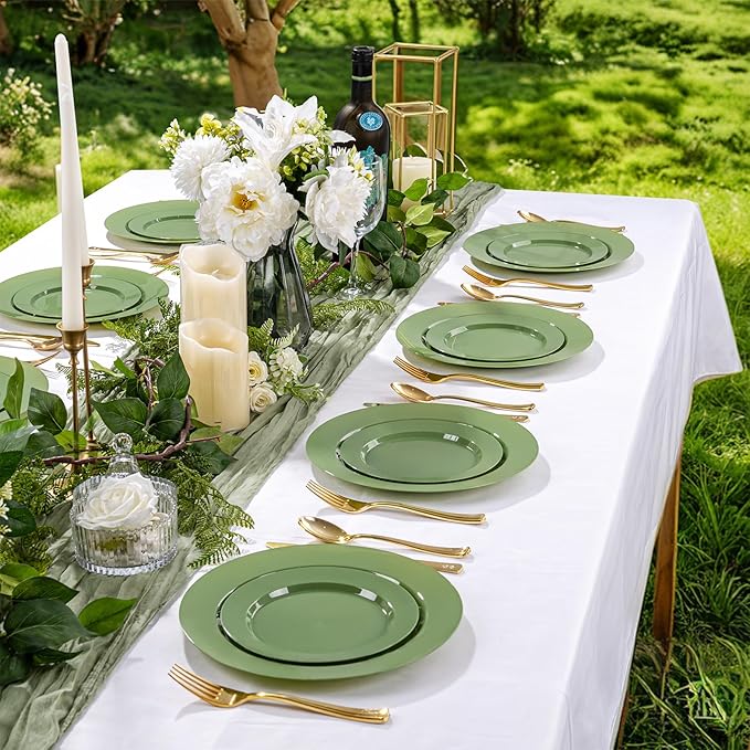 I00000 102 Pcs Green Plastic Plates, Green Disposable Plates Include 51 Dinner Plate 10’’ and 51 Dessert Plate 7’’ Perfect for Birthday, Party & Wedding