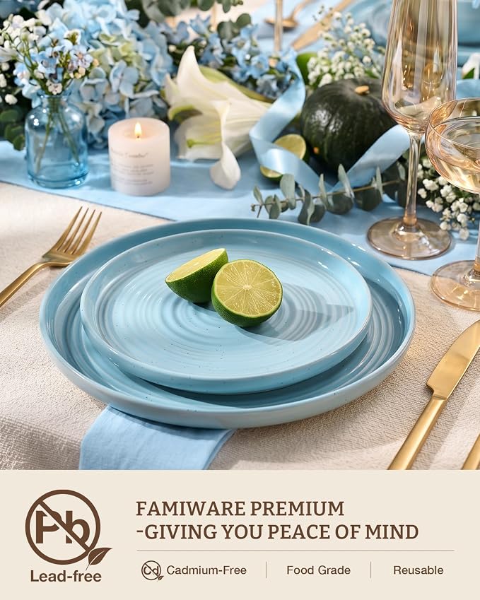 Dinnerware Sets for 8, Ceramic Plates and Bowls, Ice Blue | 24-Piece Ceramic - Image 2
