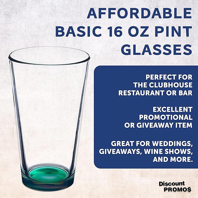 DISCOUNT PROMOS Beer Pint Glasses 16 oz. Set of 10, Bulk Pack - Heavy Duty Glassware for Restaurant, Thick Base and Walls, Stackable - Green