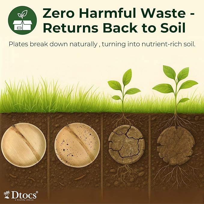Dtocs Palm Leaf Plates 10 Inch Round (50) | Bamboo Plates Disposable Like Compostable Dinnerware Set for Party, Dinner, Serving Platters, Charcuterie Boards | Alternate to Plastic, Wood, Paper Plate