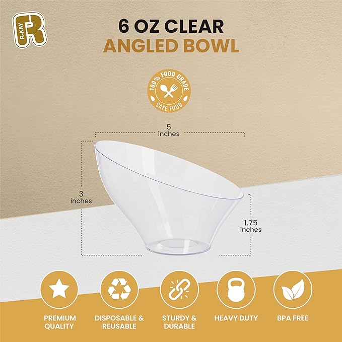 R-kay 6 Pack Angled Clear Serving Bowls - Small Plastic bowls 6 oz - Premium Plastic Serving Bowls Heavy Duty For Weddings Catering, parties, And All Occasions (Clear, Small)