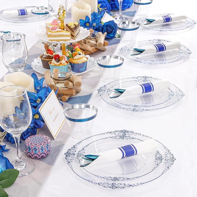 175 Pcs Clear Blue Plates for Graduation | Blue Party Plates Set for 25 Guests - Image 4