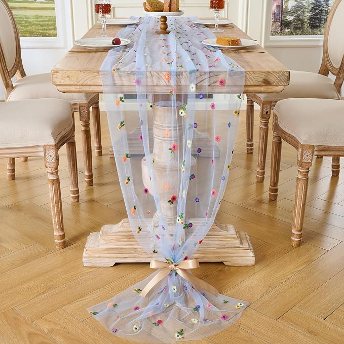 BINBE 12pcs Daisy Spring Table Runner Embroidery Gauze 10FT Florals Seasonal - Image 7