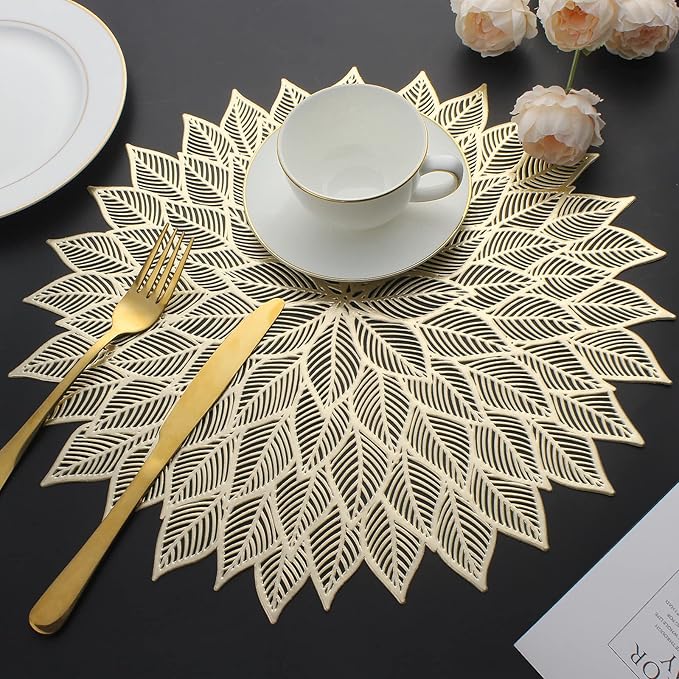 Placemats Set of 4, Round Hollow Out Flowers Place Mats for Dining Table Pressed Vinyl Blooming Leaf Table Mats for Holiday Party Wedding Accent Centerpiece Dinner Table Decoration (Gold)
