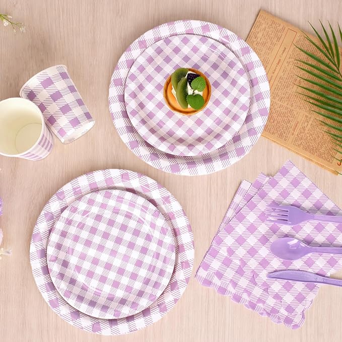 Vyntra 350 Pcs Lavender & White Checkered Gingham Paper Plates and Napkins Set - Image 7