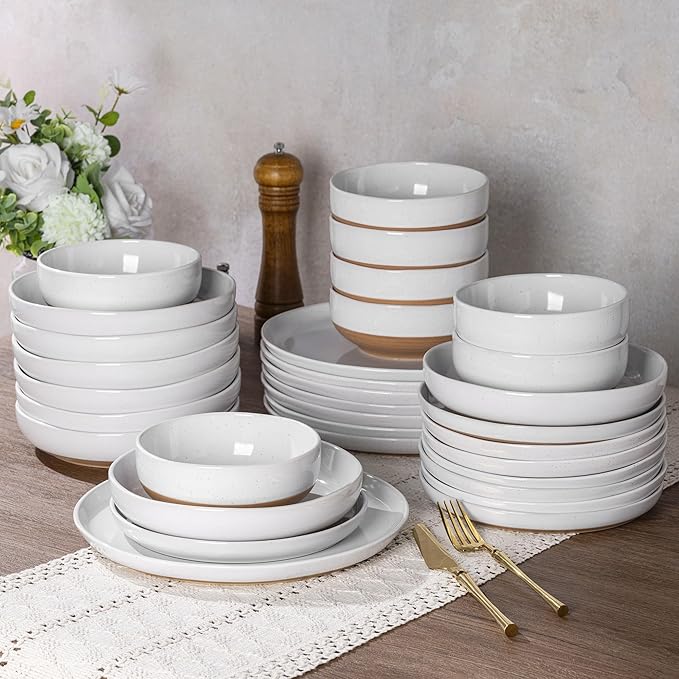 AmorArc 8.75'' Large Ceramic Pasta Bowls, 38oz Handpainted Stoneware Bowls Set of 4, Microwave&Dishwasher Safe Bowls with Rustic Terracotta Underside for Pasta Salad, White