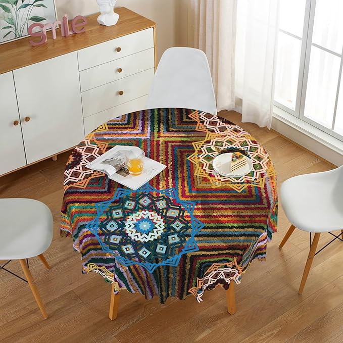 Laeacco 60 Inch Colorful Patchwork Round Tablecloth Woven Flowers Geometric Abstract Art Print Table Cloth Washable Waterproof Wrinkle Free Table Cover for Kitchen Dining Picnic Party Decoration