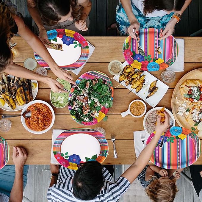 50Pcs Mexican Fiesta Party Plates 10" x 12" Large Disposable 400 GSM Heavy Duty Mexican Floral Stripes Oval Paper Plates Cinco De Mayo Decorations for Baby Shower Mexico Taco Party Supplies