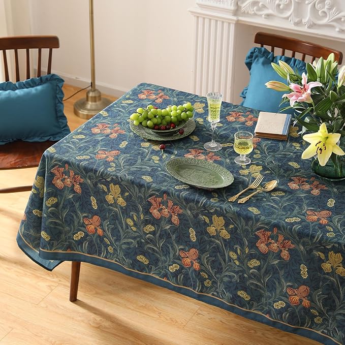 patdrea Designer Vintage Dark Blue Linen Rectangle Tablecloth,French Rustic Floral Pattern Tablecloths,Decorative Table Cover Cloth for Kitchen,Dining,Tea Party,Home,Christmas,63"*110"