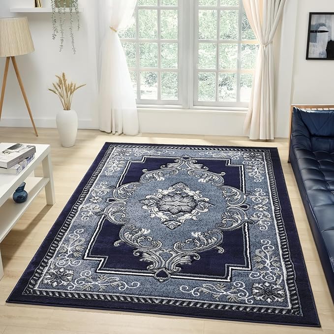 Modern 8 x 10 Rug for Living Room - Navy Oriental Large Area Rugs for Living Room, Dining & Bedroom - Hand Carved Runner Carpet - Durable Polyester - Non-Fade, Stain-Resistant - Turkish Made