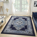 Modern 5x7 Navy Traditional Living Room Rug - Area Rugs for Living Room, Dining & Bedroom - Hand Carved Runner Carpet - Durable Polyester - Non-Fade, Stain-Resistant - Turkish Made