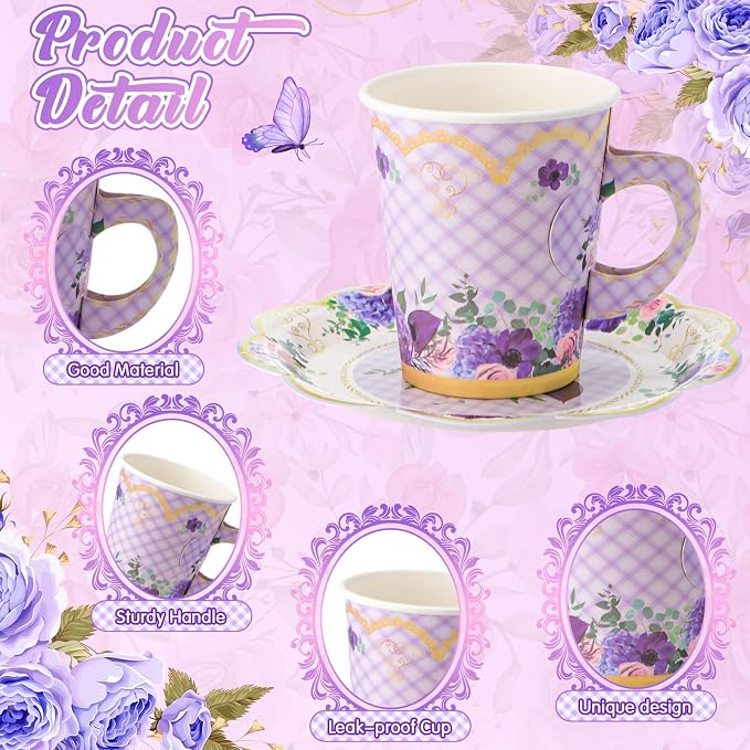 Tioncy 100 Pcs Tea Party Decorations Include 50 Pieces 9 oz Paper Tea Cups - Image 3