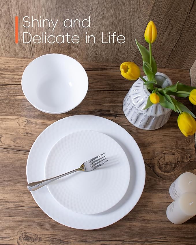 Dinnerware Sets for 4, Light & Durable 12 Pieces Opal Glass Plates and Bowls Set, Dishwasher and Microwave Safe Dish Dinning Ware, Thin but Strong Geometric Faceted White