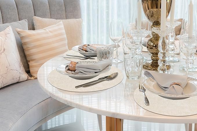 homing Round Faux Leather Placemat and Coaster 8 Packs, Washable Heat Resistant Dining Place Mats, Wipeable Double-Sided Table Mats for Indoor and Outdoor, Diameter 13 and 3.93 inch, Beige