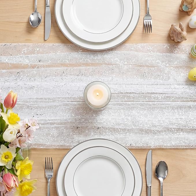 Artoid Mode White Silver Gauze Table Runner 59x120 Inch 10FT, Glitter Metallic Foil Sheer Dining Holiday Wedding Anniversary Birthday Table Decor for Home Party