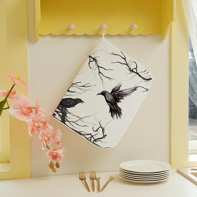 Halloween Dish Drying Mat for Kitchen Counter 18x24 Inch Black Tree Crows Dish - Image 3