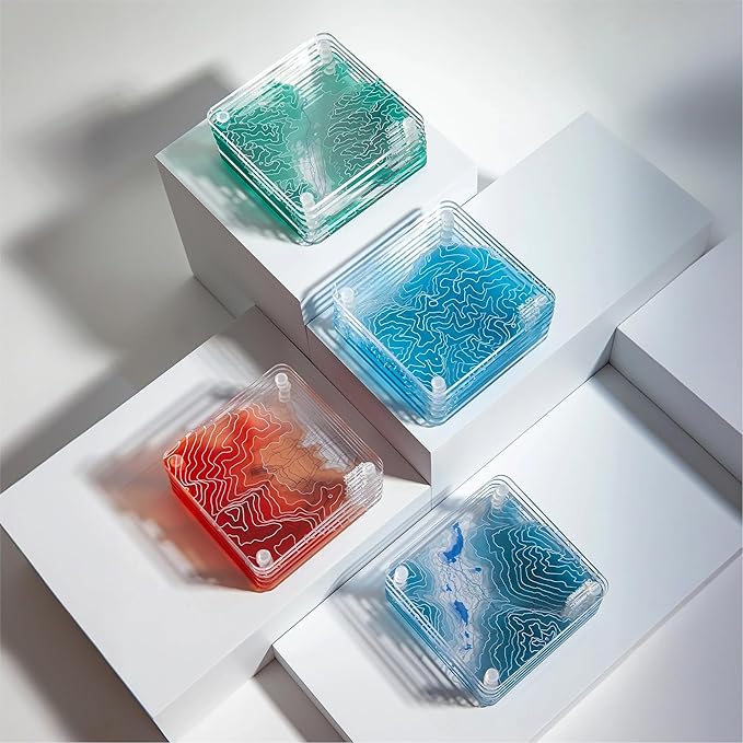Vail, CO 3D Contour Map Glass Drink Coasters of Mountains, Ski Resort, Set of 6 with Holder, Housewarming Birthday Gifts, Home Decor