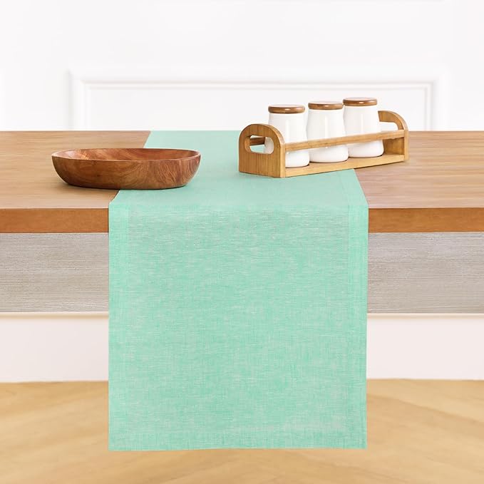 Solino Home Linen Table Runner 60 Inches - 100% Pure Linen Chambray Aqua Table Runner 14 x 60 Inch Ideal for Dresser and Coffee Tables - Athena, Winter, Spring, Easter