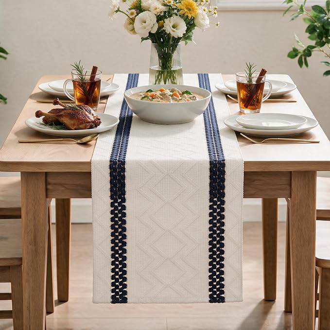 Artoid Mode Dark Blue Stripe Woven Rustic Table Runner 12x90 Inch | Holiday - Image 2