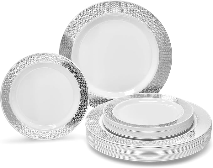 OCCASIONS 120 Plates Pack,(60 Guests) Heavyweight Premium Wedding Party Disposable Plastic Plates Set -60 x 10.5'' Dinner + 60 x 7.5'' Salad/Dessert (Diamond White & Silver)