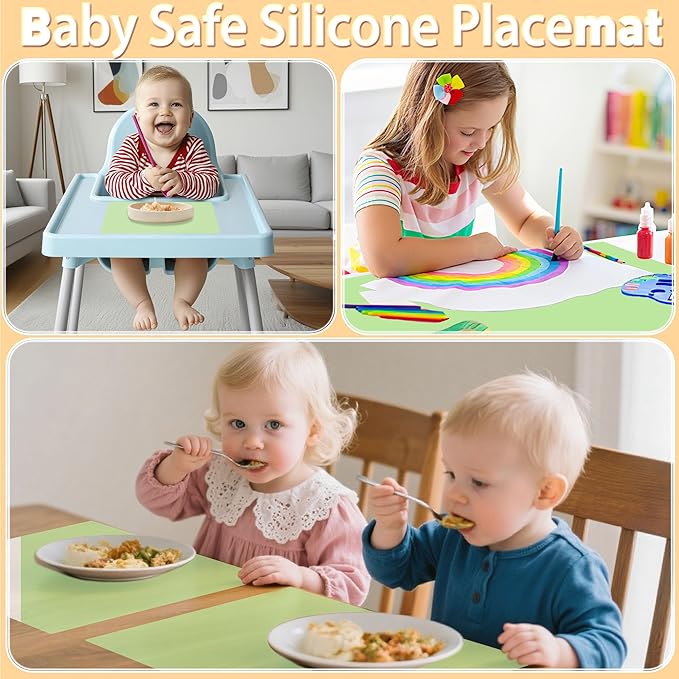 Silicone Placemat Set of 4,Heat Resistant Non-Slip Silicone Mat for Dining Table and Kitchen,Waterproof Wipeable Easy Clean Table Mat 15.8"x11.8" Ultra-Thin Semi-Transparent (Bright Green)