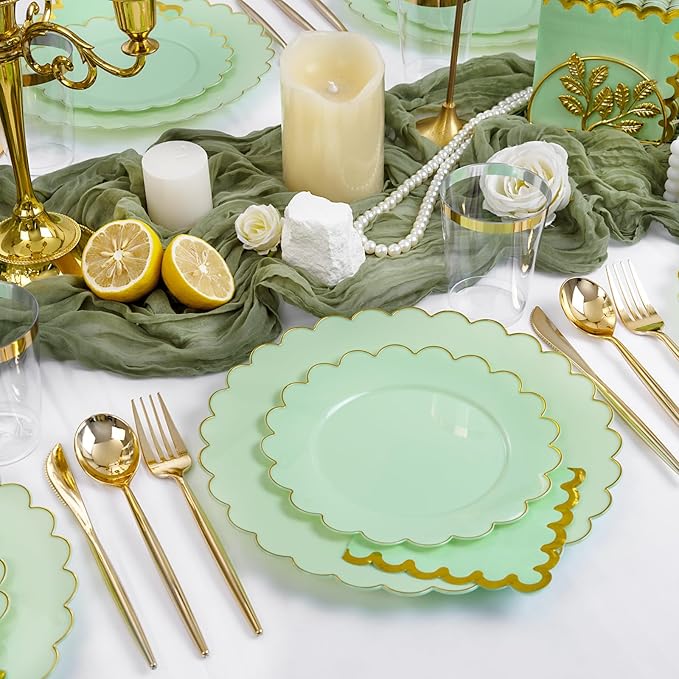 LIYH 210 Pcs Sage Green Plastic Disposable Scalloped Party Plates - Green Plates and Napkins Include Baby Shower Plate Gold Plastic Silverware for Weddings Birthday 30 Guests