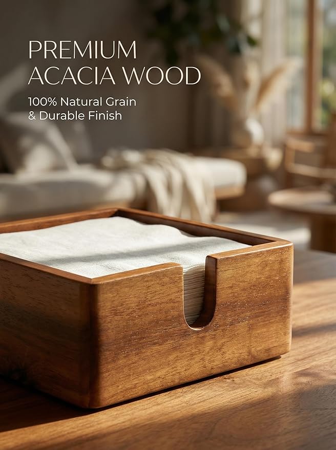 Acacia Cocktail Paper Napkin Holder Square 5.4x5.4 inches, Wood Flat Napkin Tray, Cocktail Napkin Caddy For Kitchen Décor, Restaurant Countertop Bar Accessories