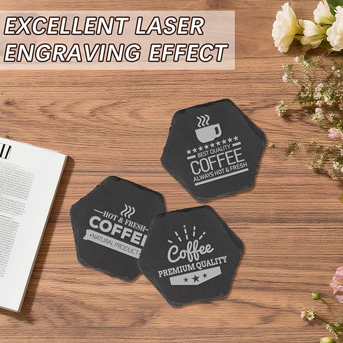 12PCS Slate Coasters Black Bulk Blank Laser Engraved Hand Painted Beverage Coasters, Non-Slip Bottom Mat, Home Office Kitchen Gift Wedding Bar Party
