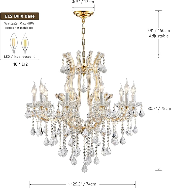 Modern Gold Crystal Chandelier Lighting - Luxury Maria Theresa Chandeliers for Dining Room, Kitchen Island, Living Room, Bedroom, 10 Lights…