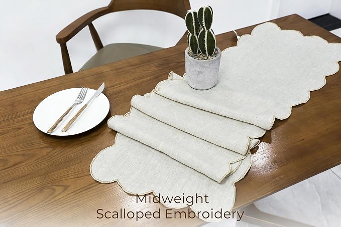 100% Natural Linen Rustic Scalloped Embroidery Table Runner 120 Inches Long - Image 3