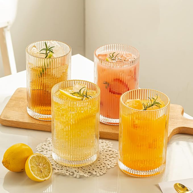 Vintage Ribbed Glassware Set: 4pcs 16.9oz XL Drinking Glasses, Fluted Ripple - Image 2