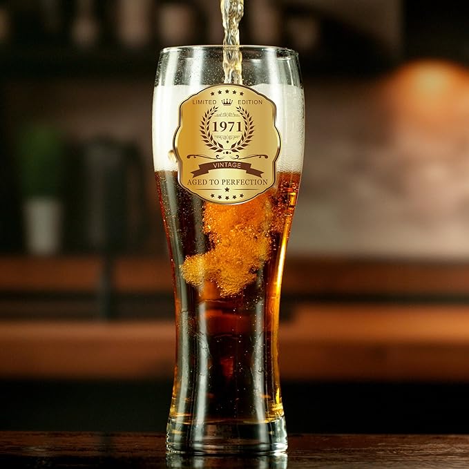 55th Birthday Beer Glasses Gifts, Personalized '1971' Vintage Glass Ware Set for Men, Black Gift Package with Drinking Glass, Coaster, and Card for 55 Years Old Man
