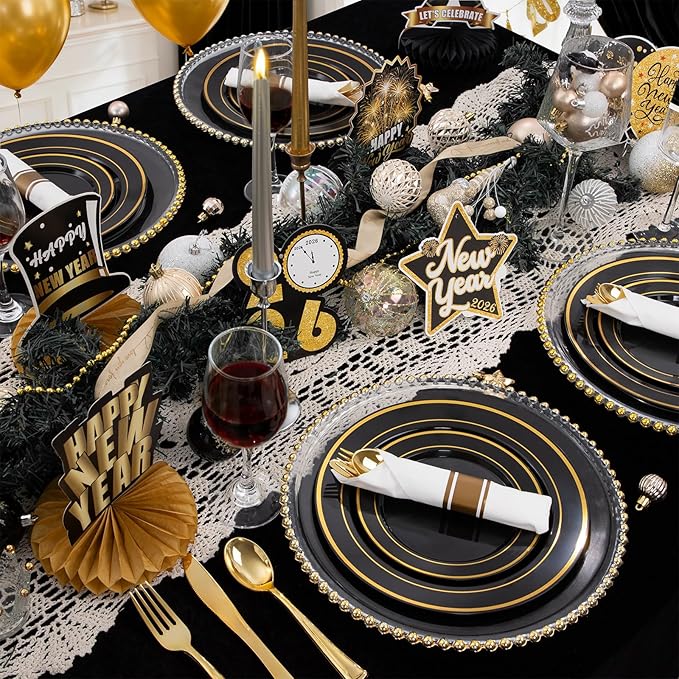 WDF 200PCS Black and Gold Plastic Plates - Black Plates Disposable for Party - Heavy Duty Plastic Plate for New Year