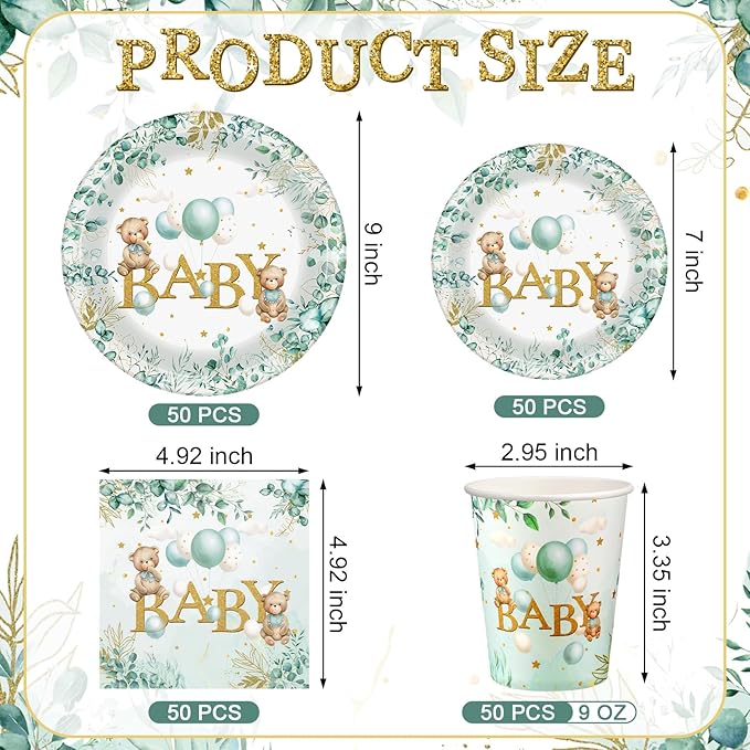 200 Pieces Party Supplies Tableware Set Patterns Printed Plates Napkins Cups Table Decorations for Baby Shower Birthday Party (Bear)