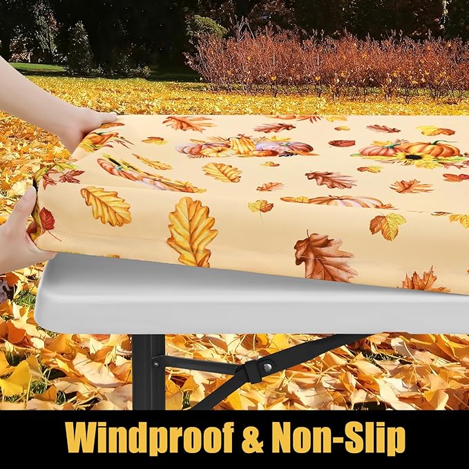 Smiry Rectangle Thanksgiving Table Cloth, Waterproof Elastic Fitted Tablecloths for 6 Foot Tables, Washable Polyester Table Cover for Autumn Harvest Parties (Pumpkin Sunflower, 30"x72")