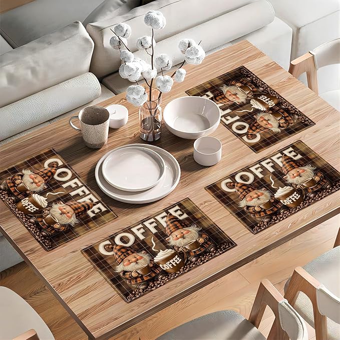 Coffee Gnomes Placemats Set of 4, Cafe Station Table Mats, Washable Place Mats for Coffee Bar Home Party Indoor Kitchen Dining Table Decor 12x18 Inch