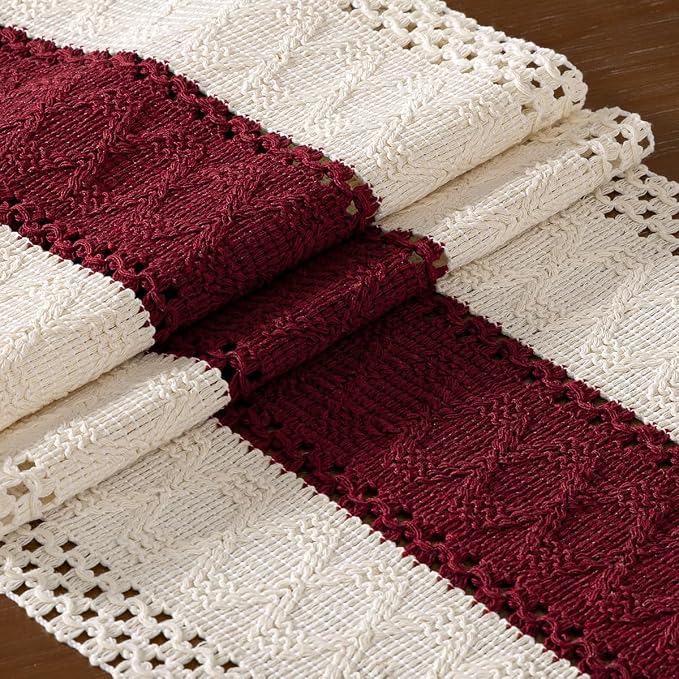 DeZerlor Ivory&Burgundy Boho Macrame Farmhouse Woven Table Runner 108Inch | - Image 5