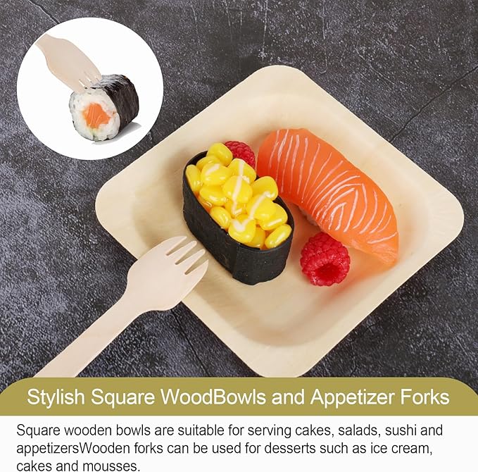 100 Pcs Disposable Palm Leaf Bowls, Square Bamboo Appetizer Plates, Compostable Wood Plates with Bamboo Forks for Birthday Wedding Party, Dessert, Catering and Home Use (4.4 x 4.4x0.5 Inch)