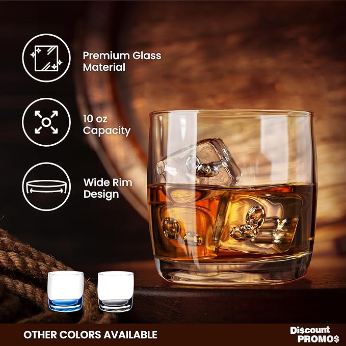 DISCOUNT PROMOS Whiskey Glasses 10 oz Set of 10, Bulk Pack - Heavy Base Old Fashioned Glass, Perfect for Scotch, Bourbon, Whiskey, Cocktail - Clear Bottom Color