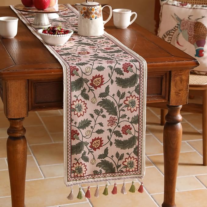 Designer Vintage Linen Long Table Runner, Floral Leave Pattern, Dining Table - Image 2
