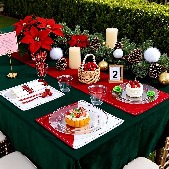 SUT 175 Pcs Red and Clear Plastic Dinnerware Set for 25 Guests, Include: 25 Dinner Plates, 25 Dessert Plates, 25 Pre Rolled Napkins With Silverware, 25 Cups, Disposable Plates for Party