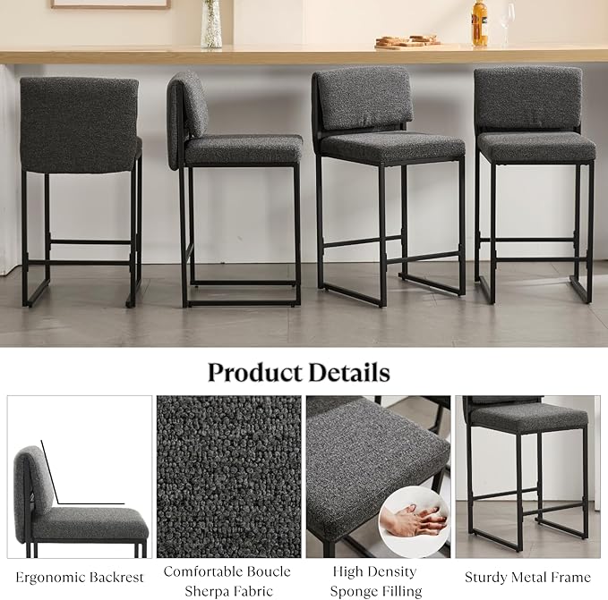 Modern Barstools Set of 2, 26” Upholstered Counter Height Bar Stools Sherpa Fabric Counter Stools with Padded Back Metal Frame for Kitchen Island Dining Room, Black