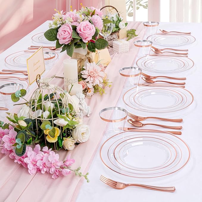 bUCLA 300PCS Rose Gold Plastic Dinnerware - Clear Dinnerware Set Disposable Include 50 Dinner Plates,50 Dessert Plates,50 Knives,50 Forks,50 Spoons,50 Cups for Party, Wedding & Valentines Day