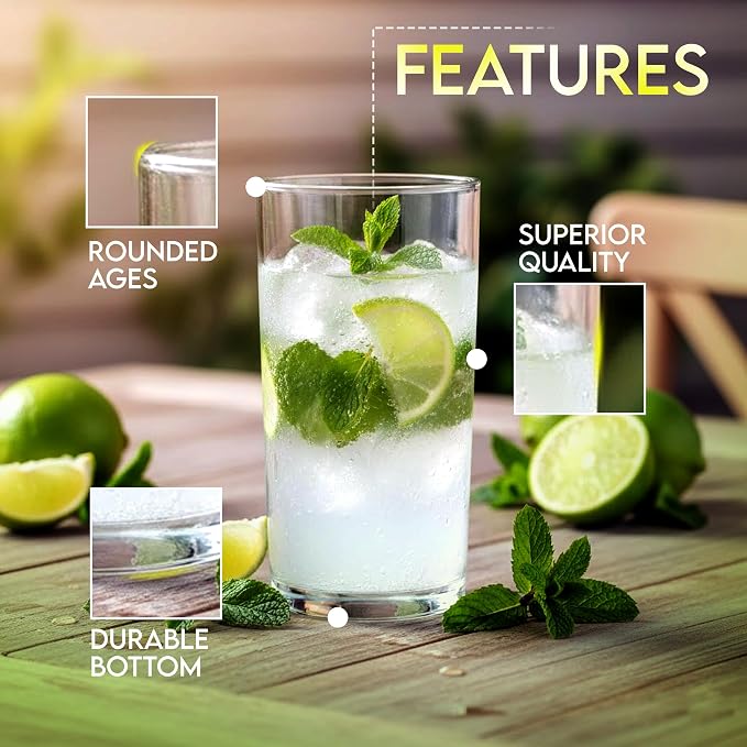 KICHLY Clear Plastic Highball Glasses, BPA Free Tall 16 Oz Tumblers, 8 Pack | - Image 3
